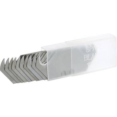 Tien reservemessen in een transparante kunststof doos. De messen zijn licht gebogen en scherp. De doos is gemarkeerd met 'RESERVE MESSEN'.