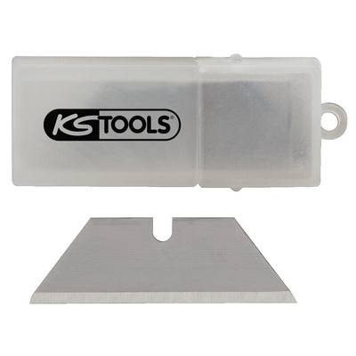 Een reservemesjeshouder van KS Tools, toont een enkele trapeziumvormige mes en een witte kunststof doos met logo.