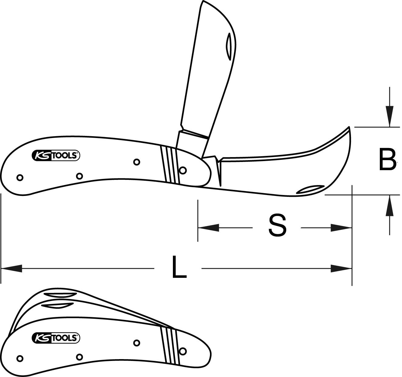 Klapmes-diagram met open en gesloten messen, gemarkeerd met 'KS Tools'. Afmetingen: B (Breedte), S (Snijvlak), L (Lengte).