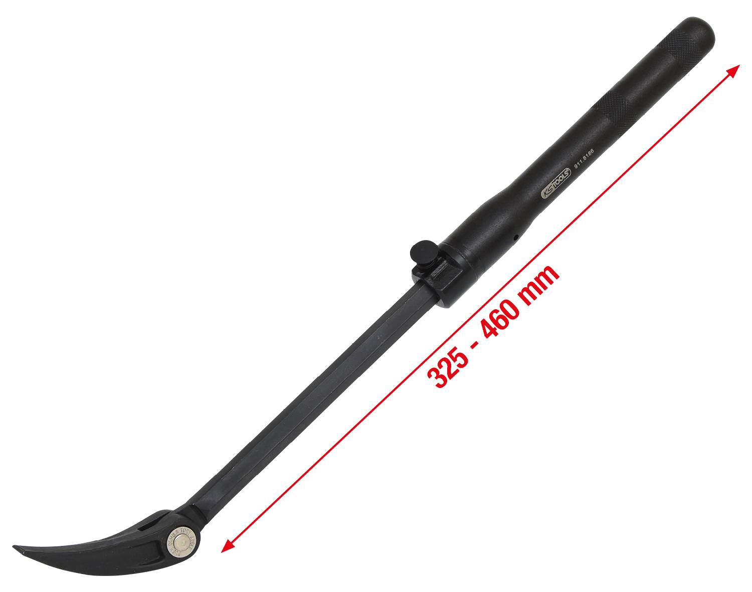 Een zwart hefboomgereedschap met een gebogen punt en verstelbare lengte van 325 tot 460 mm.