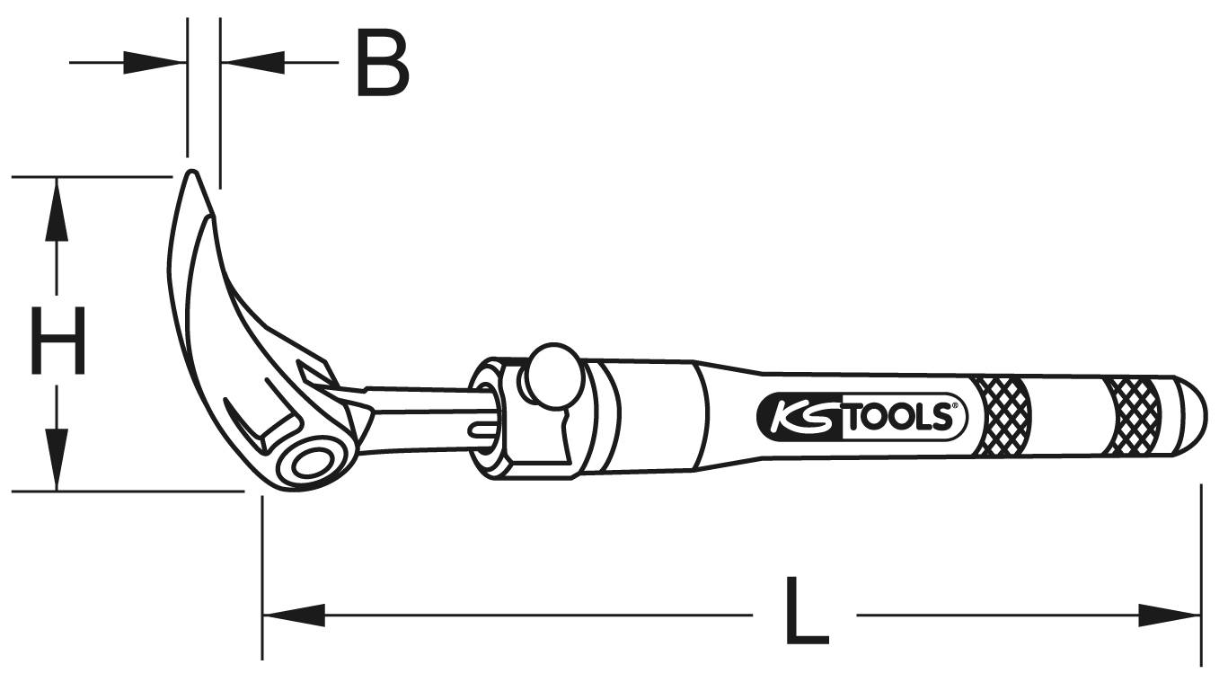 Een tekening van een gereedschap met een gebogen kop, voorzien van het opschrift 'KS Tools'. De afmetingen B, H en L zijn aangegeven.