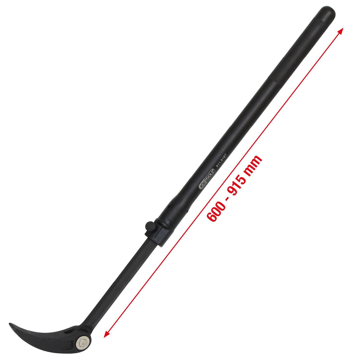 Verstelbare hefboom met een gebogen, plat grijpgereedschap aan het uiteinde, lengte variërend van 600 tot 915 mm, geschikt voor het tillen.
