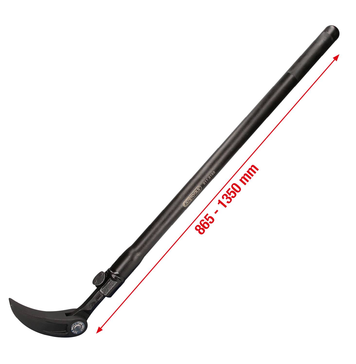 Een verstelbare, uitschuifbare hefboom met een lengtemeetschaal van 865 tot 1350 mm, ideaal voor precisiewerk.