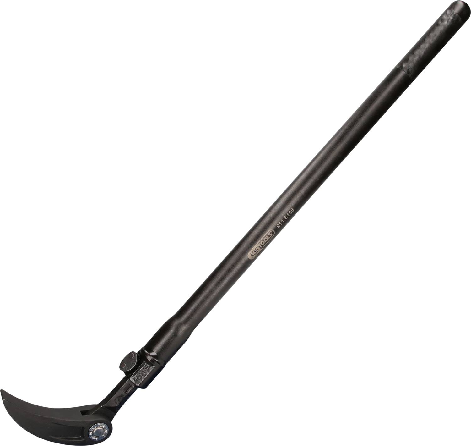 Een zwarte koevoet met een lange steel en gebogen punt, geschikt voor het lichten of verwijderen van nagels en planken.
