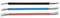 Drie geknikte gereedschappen met handgrepen in zwart, blauw en rood, op een witte achtergrond.