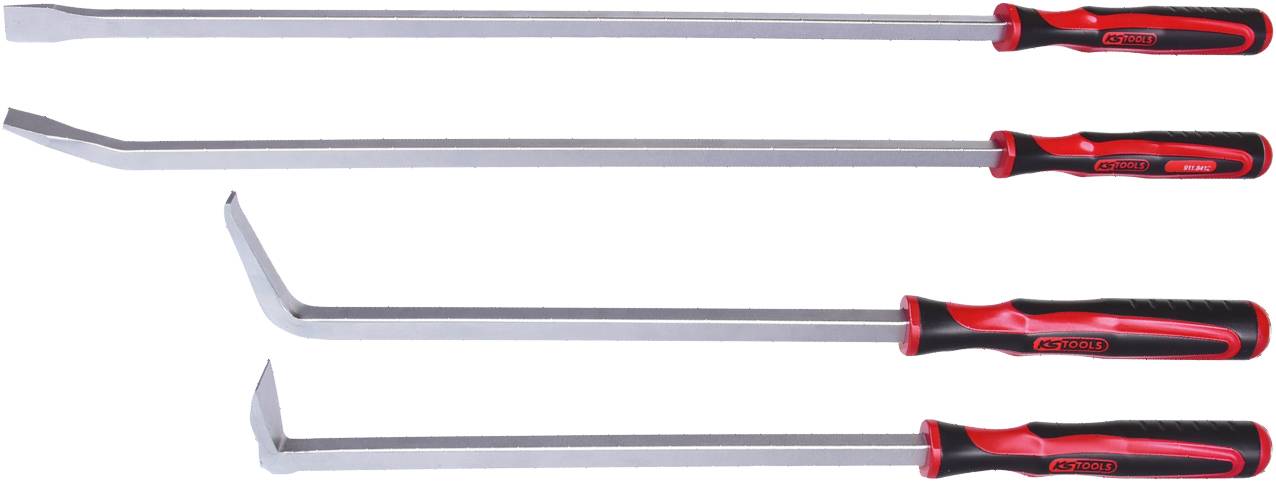 Vier koevoeten met rode handgrepen, verschillend gebogen en van verschillende lengtes, zijn naast elkaar gerangschikt.