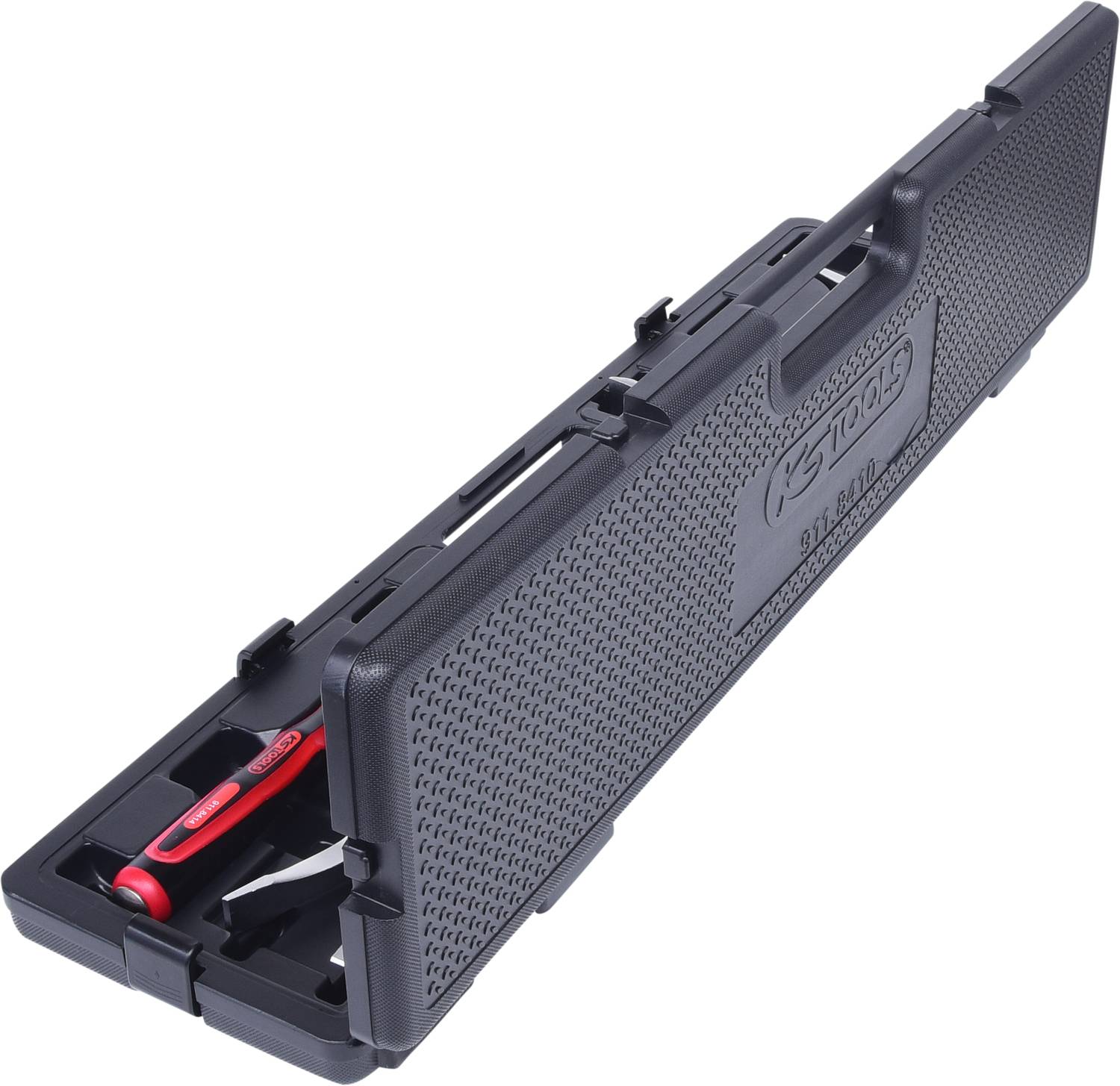 Zwarte gereedschapskoffer met rechtop staand rood-zwart gereedschap, links zichtbaar.
