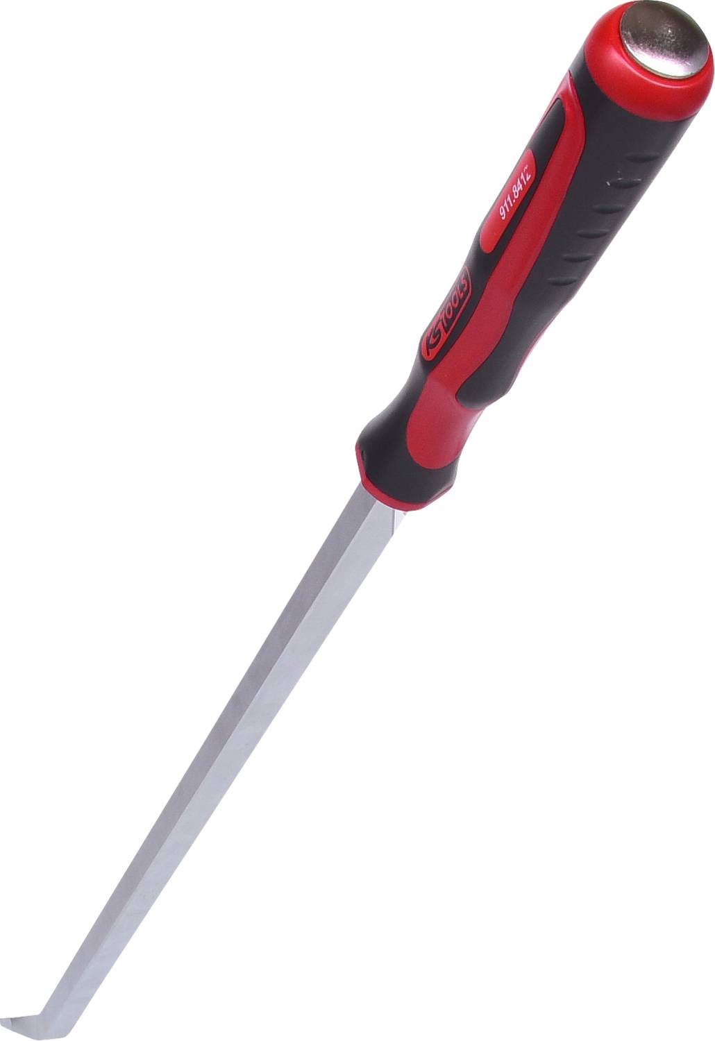 Een lange, rood-zwarte beitel met een ergonomische handgreep en een metalen punt. Geschikt voor nauwkeurige snij- en beitelbewerkingen.