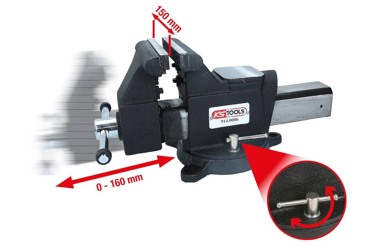 Een bankschroef met draaibare basis, spanwijdte 0-160 mm. Markering toont een spanwijdte van 150 mm.