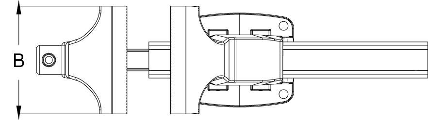 Technische tekening van een klepaggregaat met lineaire stangverlenging, toont afmetingen en structurele details.