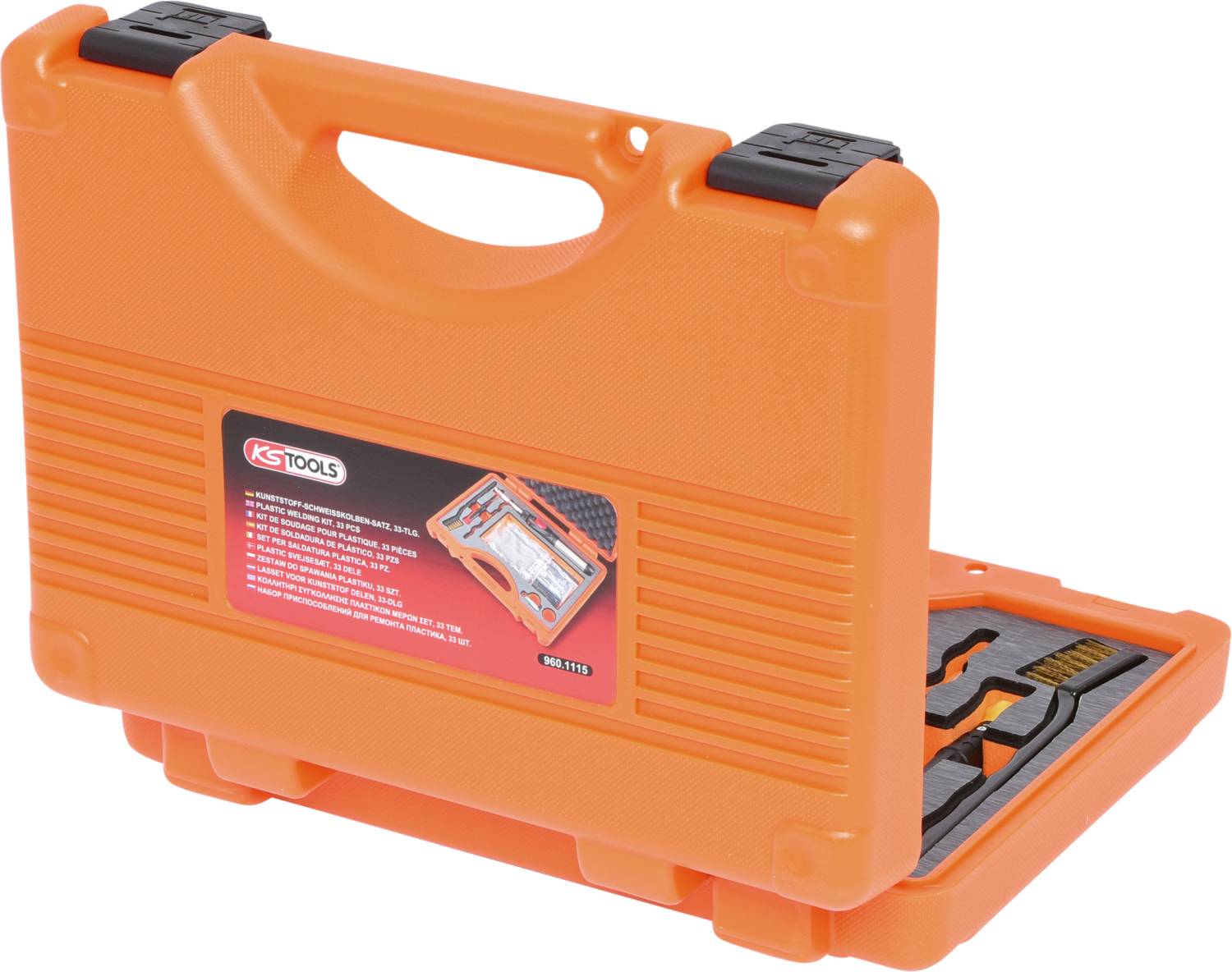 Een open, oranje gereedschapskoffer van het merk KS Tools, gevuld met diverse gereedschappen.