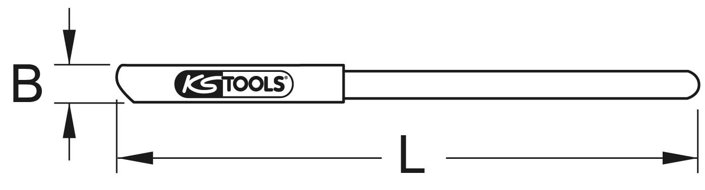 Schematische weergave van een gereedschap met het opschrift 'KS TOOLS'. Afmetingen: breedte (B) en lengte (L) zijn vermeld.