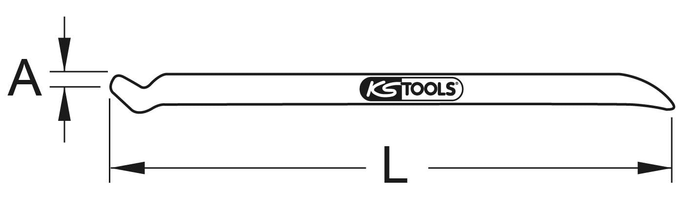 Technische tekening van een bandenmontagehefboom van 'KS Tools', toont lengte 'L' en diameter 'A', gebruikt voor het verwisselen van banden.