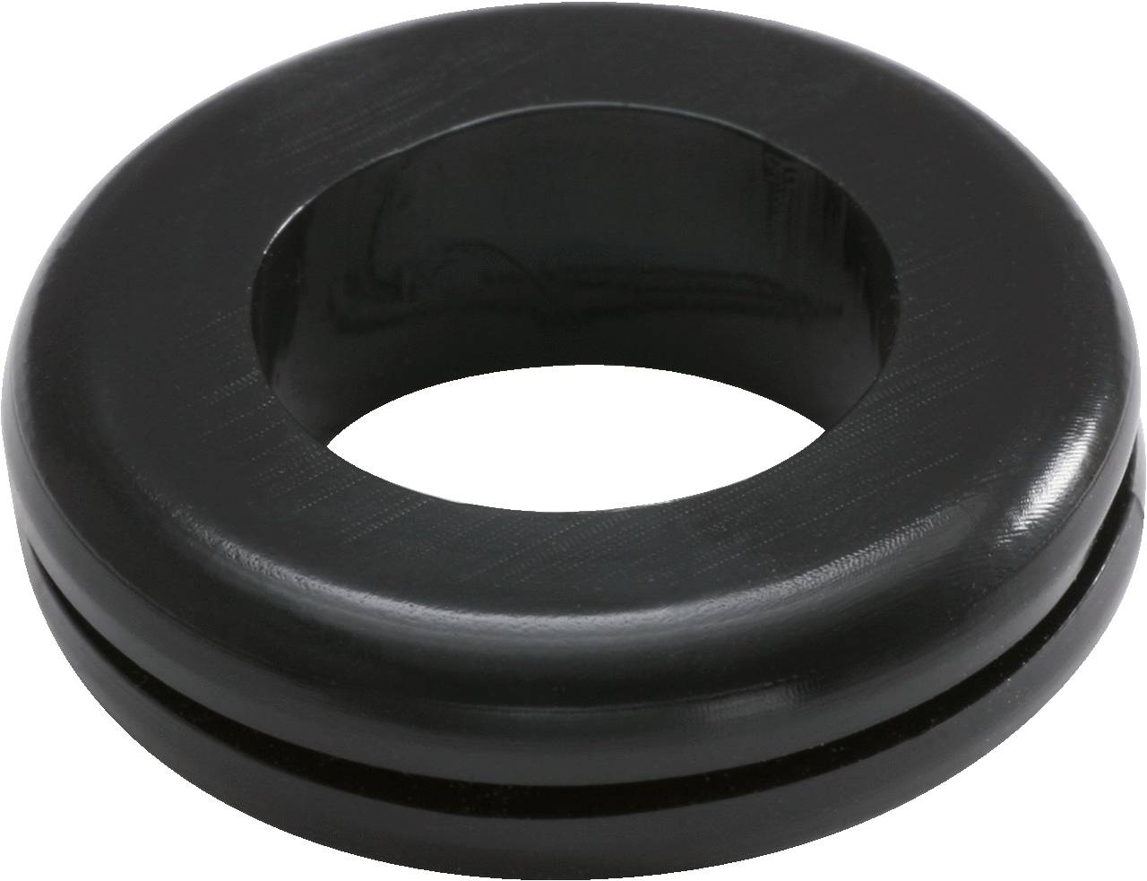 Een zwarte, ronde rubberen ring met een gat in het midden, vermoedelijk een afdichtingsring of afstandshouder van rubber.