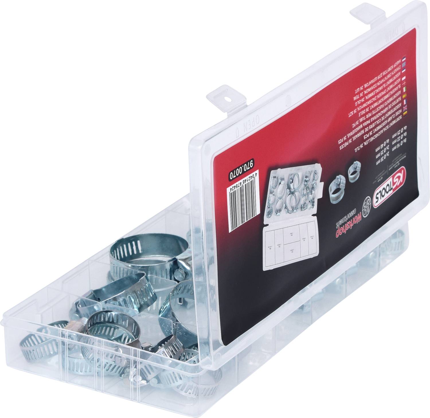 Transparante kunststof doos met meerdere metalen sluitingen, een rood etiket en productinformaties. De doos is gedeeltelijk geopend.