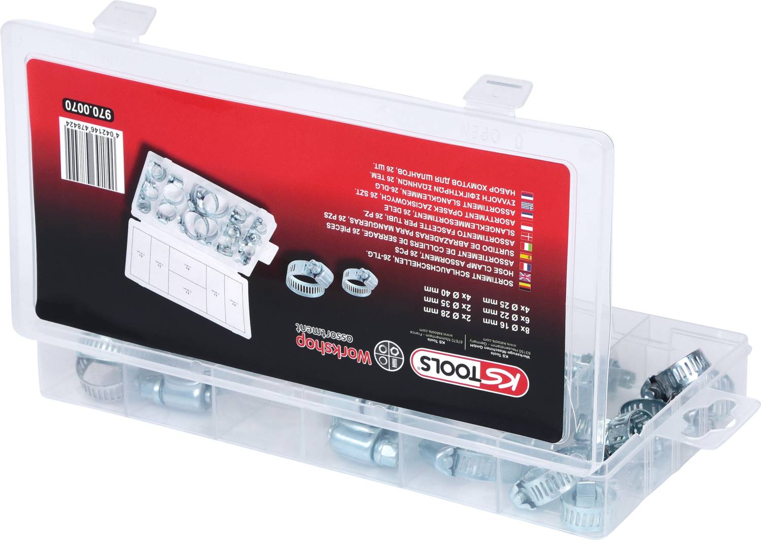 Een set metalen moedersluitingen in een transparante kunststof behuizing. Sticker toont het merklogo en productinformatie.