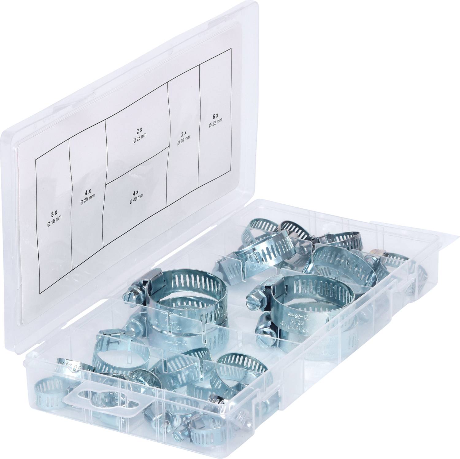 Een geopende plastic doos toont verschillende slangklemmen in verschillende maten.