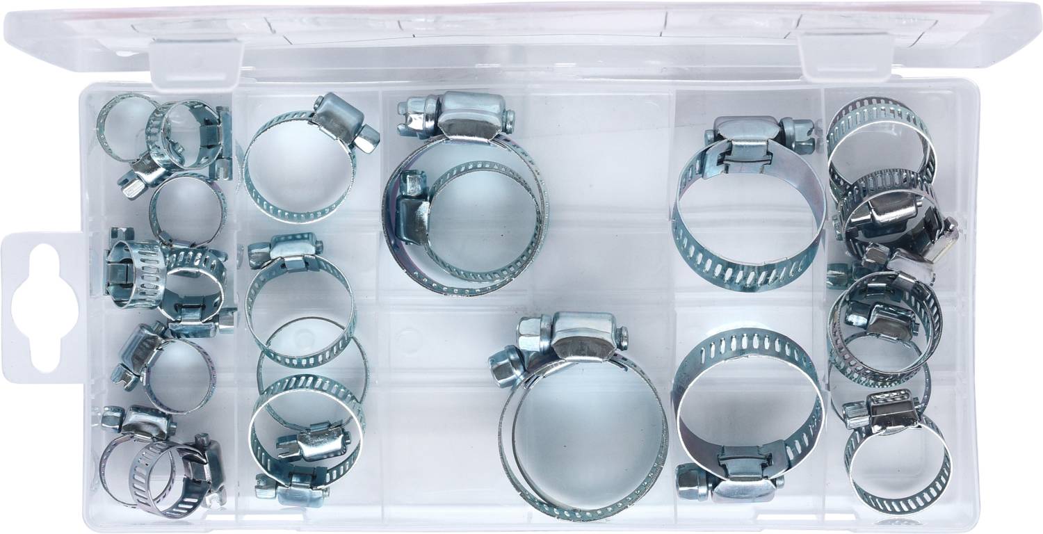 Verschillende formaten van metalen slangklemmen in een transparante kunststof organizer.