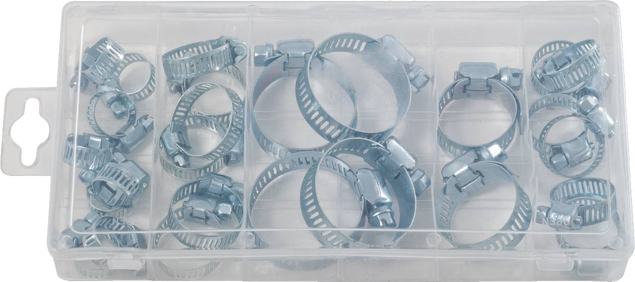 Een plastic doos met verschillende maten metalen slangklemmen, netjes gesorteerd in meerdere vakken.