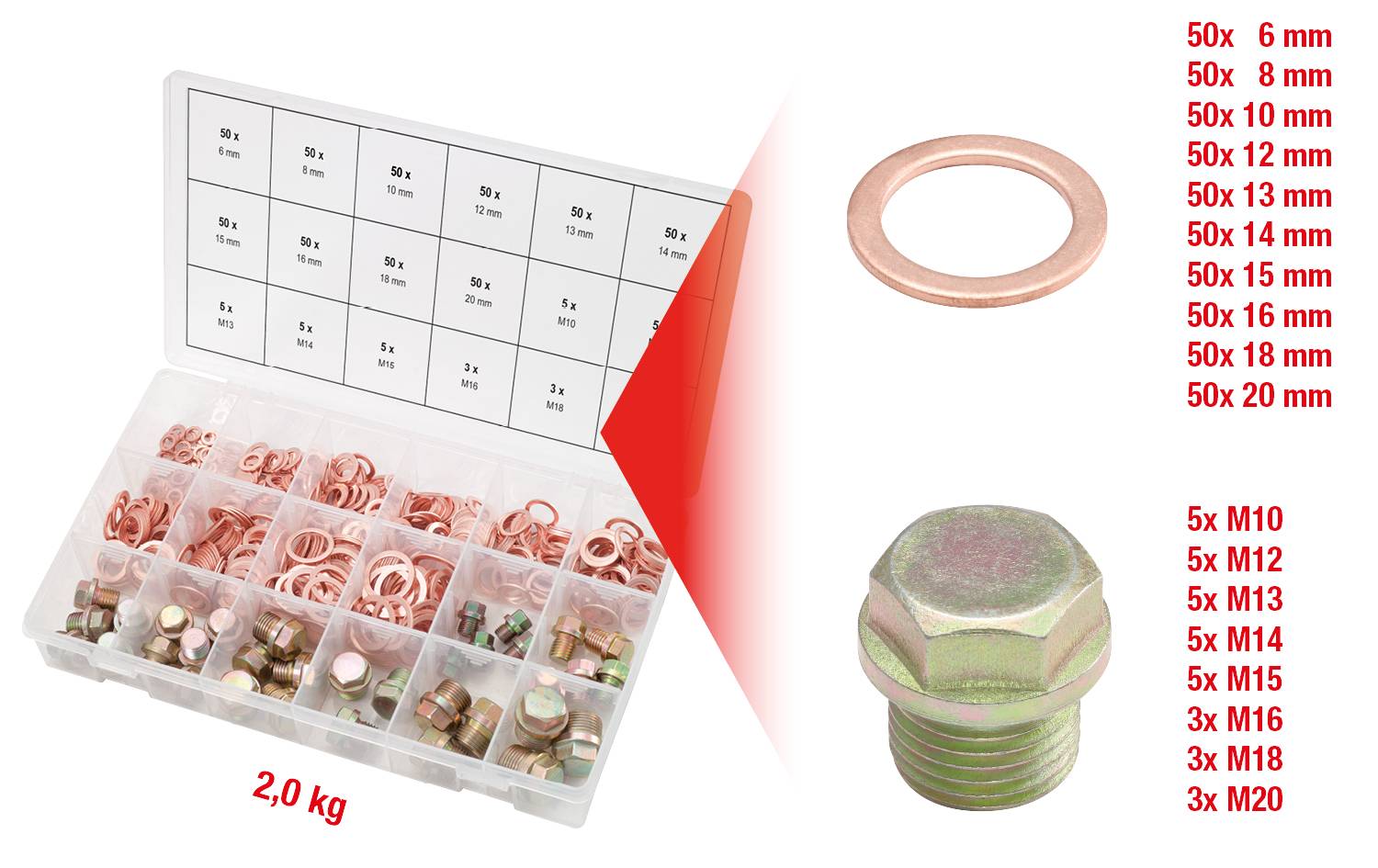 Doos met koperen ringen en schroeven in verschillende maten: 6 mm tot 20 mm, M10 tot M20. Totaalgewicht: 2,0 kg.