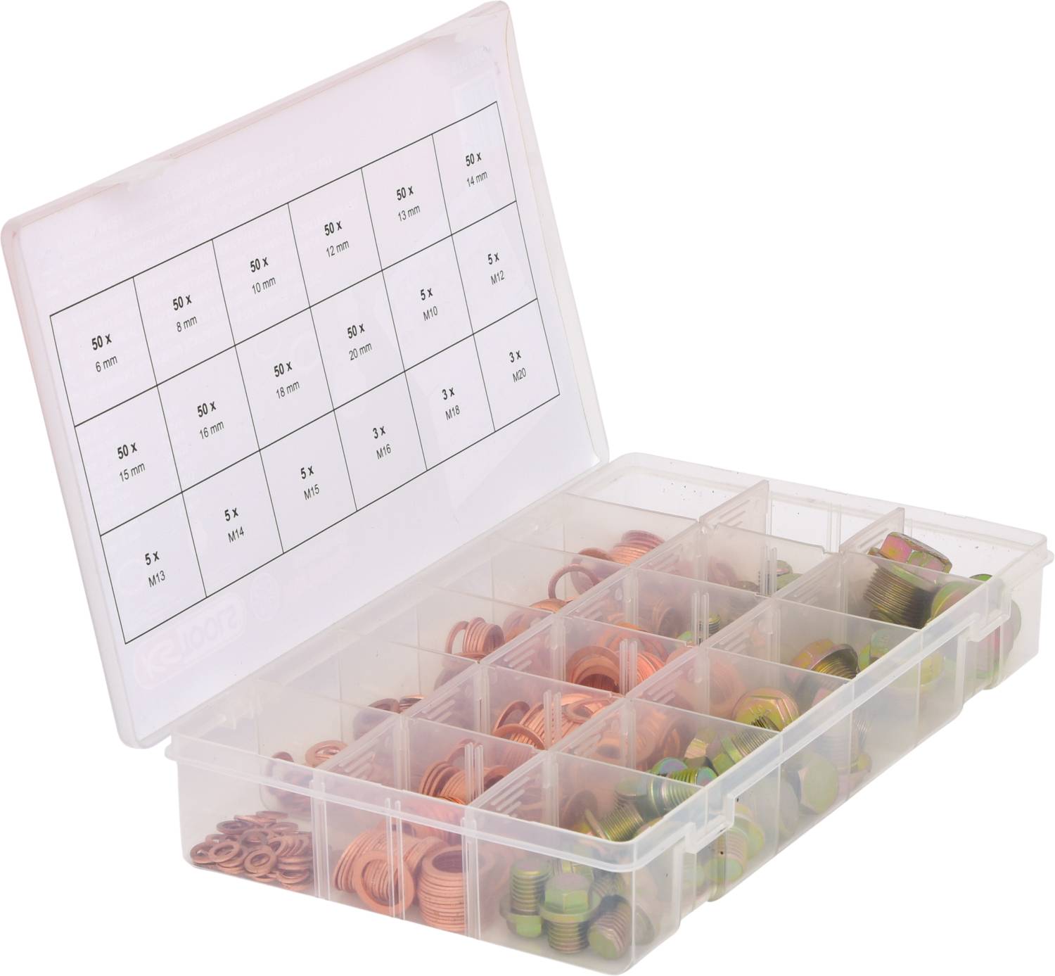 Een sorteerdoos met verschillende koperen ringen in verschillende formaten en kleuren, gerangschikt in aparte vakken.