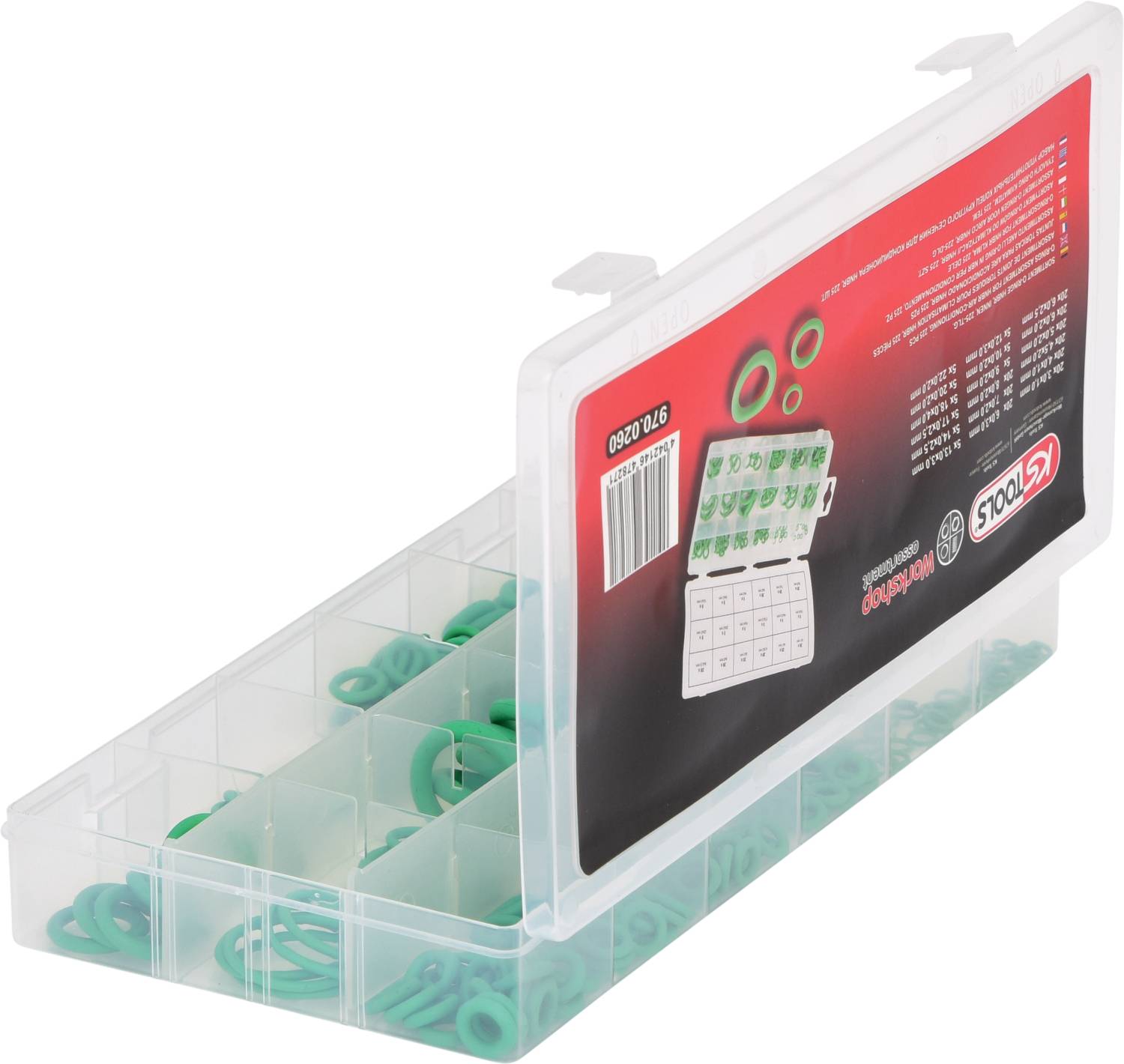 Plastic doos met groene rubberen ringen in verschillende maten, gedeeltelijk zichtbaar onder de transparante deksel. Verpakking bevat 150 stuks.