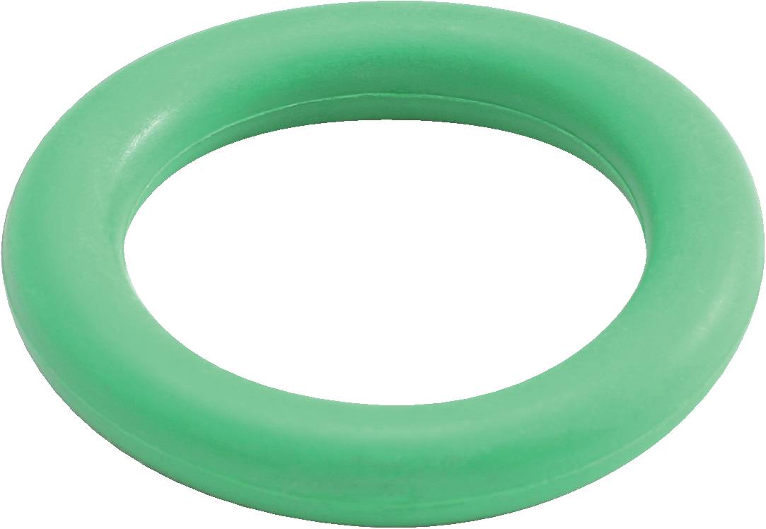 Een groene, ronde rubberen ring op een witte achtergrond.