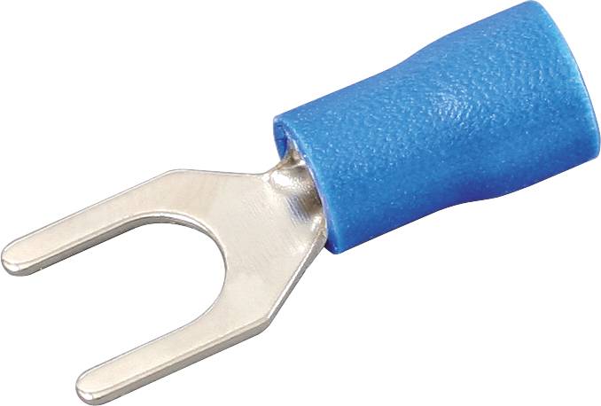 Blauwe kabelschoen met U-vormig metalen uiteinde, gebruikt voor een veilige aansluiting van elektrische kabels.