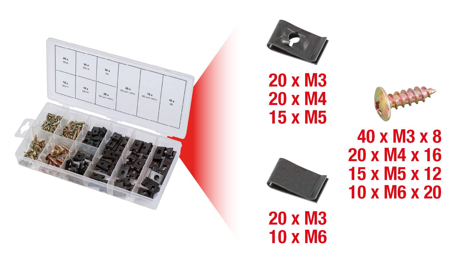 Schroeveset in sorteringsdoos met verschillende schroeven en clips. Tekst toont aantallen en afmetingen: '20 x M3', '40 x M3 x 8', enz.
