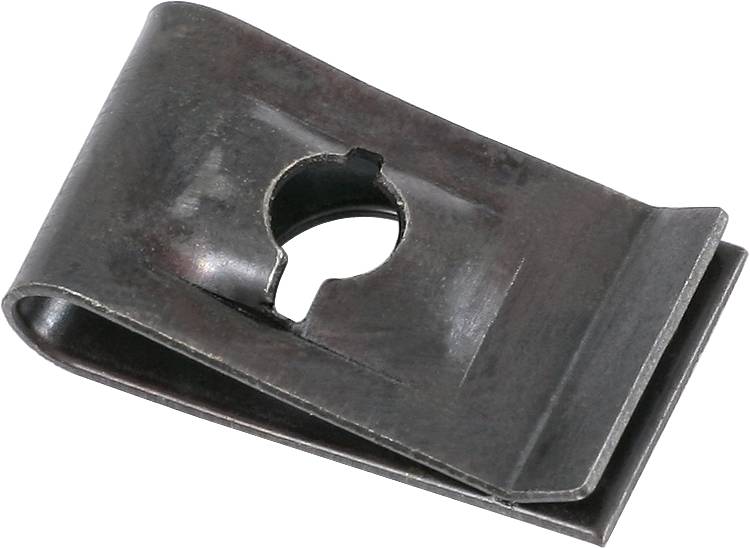 Een metalen bevestigingsclip met een centraal gat in sleutelgatvorm, geschikt voor het vastzetten van platen of metaalplaten.