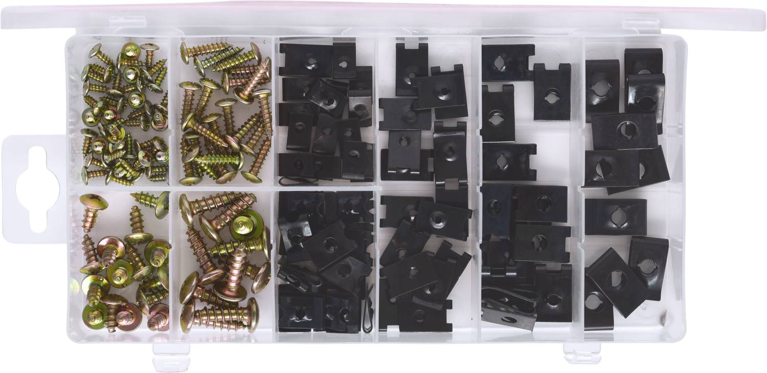 Gesorteerde plastic doos met metalen schroeven en zwarte kunststof bevestigingen. Verschillende compartimenten voor verschillende onderdelen.