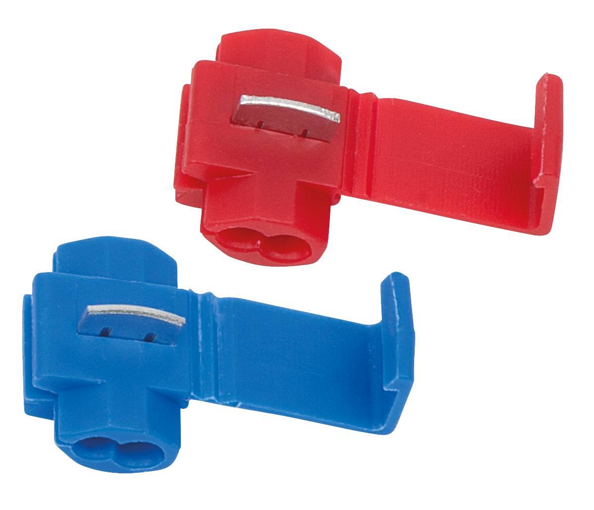 Twee kabelverbinders in rood en blauw naast elkaar. Ze worden gebruikt voor het snel verbinden van elektrische kabels, zonder te moeten solderen.