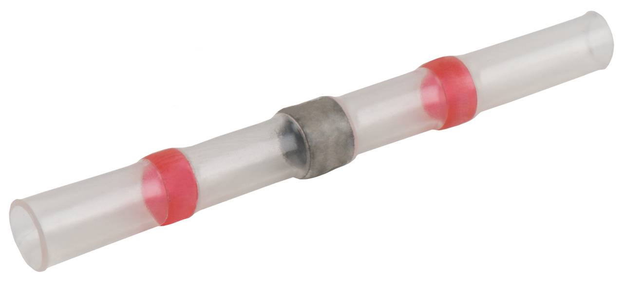 Transparante krimpkous met een rood en metallic element voor het verbinden van elektrische kabels. Geschikt voor solderen zonder warmte.