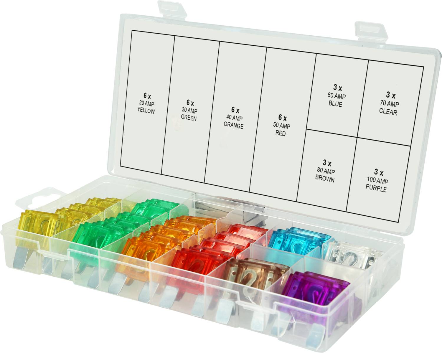 Transparante opbergdoos met verschillende gekleurde zekeringen. De vakken zijn gesorteerd op ampère-waarden, zoals aangegeven op het deksel.