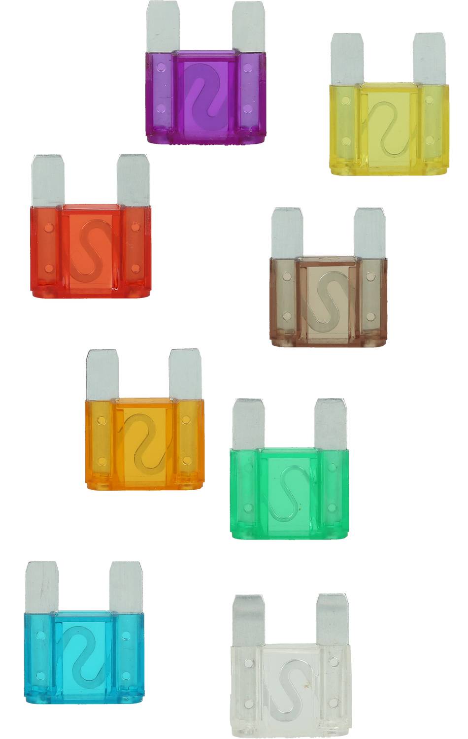 Acht gekleurde zekeringen van verschillende formaten en kleuren, van boven naar beneden: paars, geel, rood, bruin, oranje, groen, blauw, transparant.