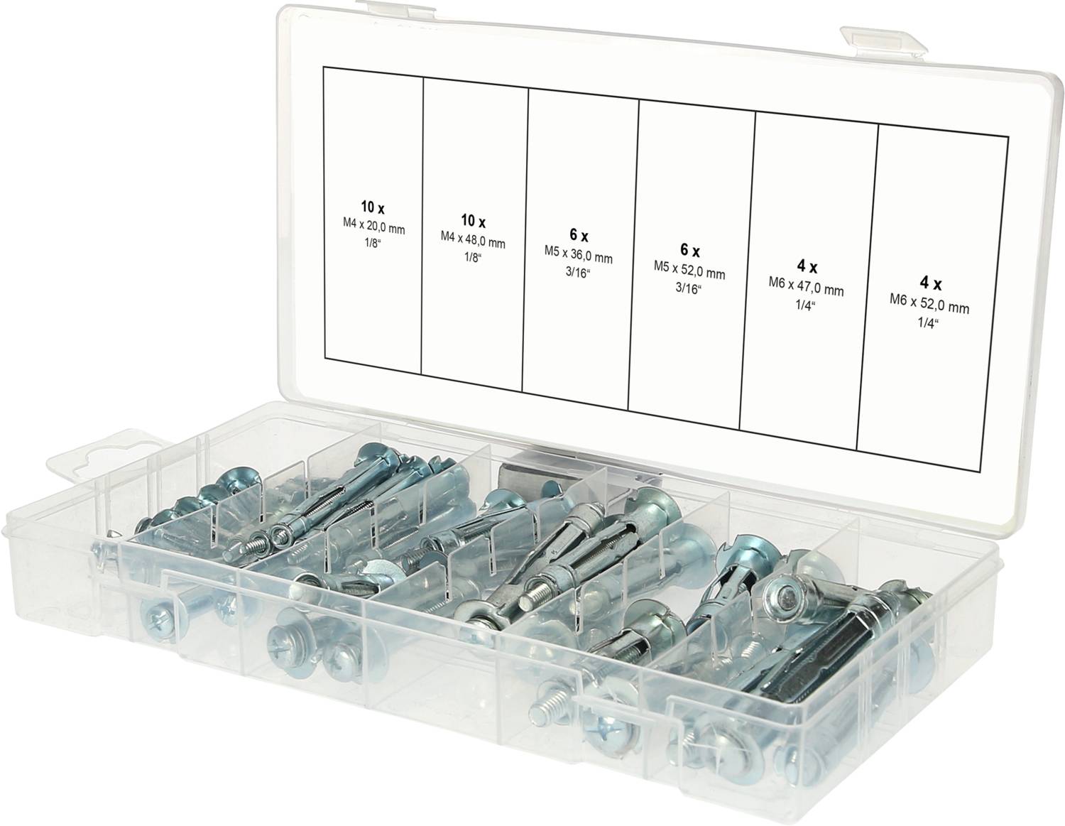 Kunststof doos met verschillende metalen plug maten, gelabeld als 10x M4 x 20 mm, 8x M4 x 38 mm, 6x M6 x 32 mm, 4x M6 x 47 mm, 4x M6 x 52 mm.