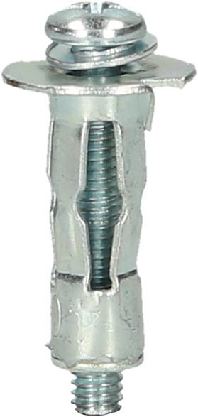 Een metalen plug, ook bekend als holte-plug, met geïntegreerde schroef, wordt gebruikt voor veilige bevestiging in gipsplaatmuren.