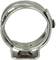 Een zilverkleurige metalen slangklemring, vaak gebruikt voor het bevestigen van slangen of buizen.