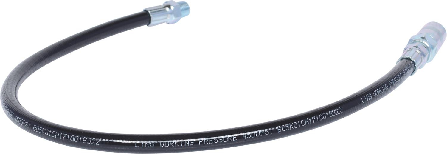 Een flexibele zwarte slang met metalen aansluitingen aan beide uiteinden, mogelijk bestemd voor hydraulische of mechanische toepassingen.