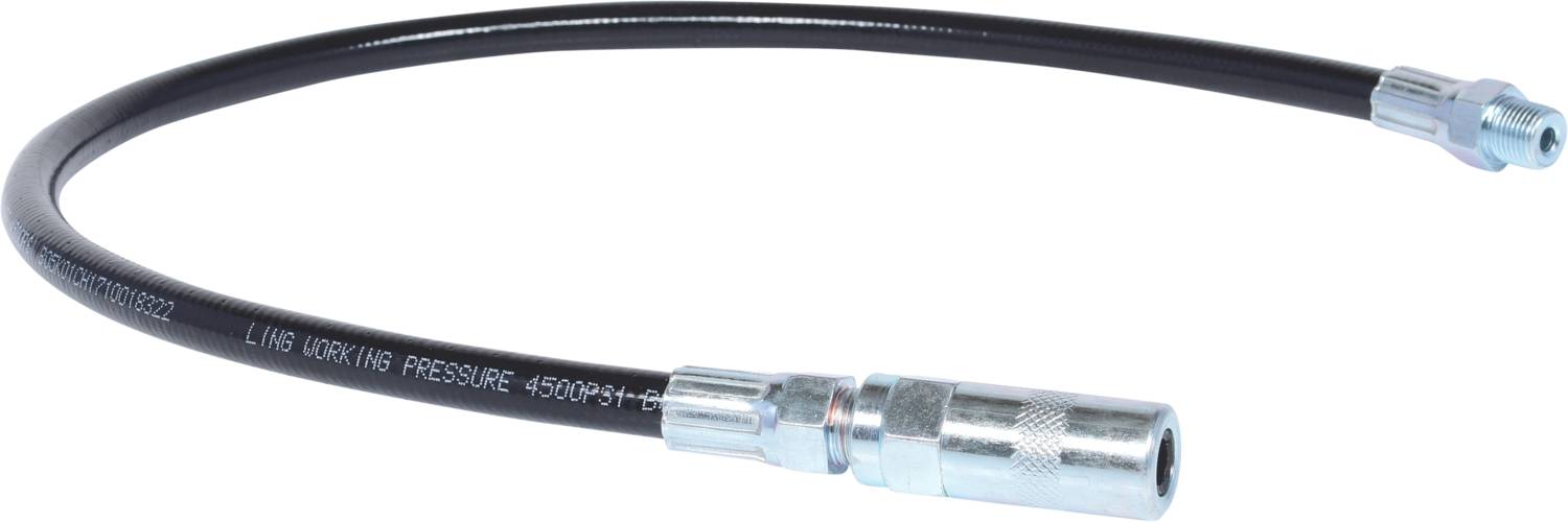 Zwarte hydraulische slang met metalen aansluitingen aan beide uiteinden. Maximale bedrijfsdruk gedrukt op de slang.