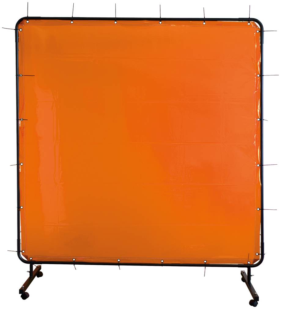 Een oranje privacyscherm op een zwart frame, vrijstaand, verrijdbaar op wielen. Geschikt voor ruimtedeling of als projectieoppervlak.