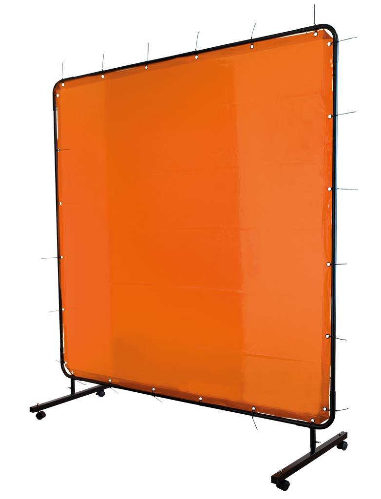 Oranje ruimteverdeler met metalen frame en wielen, staat op de vloer. Ideaal voor het scheiden van ruimtes of als afscherming in kantoren.