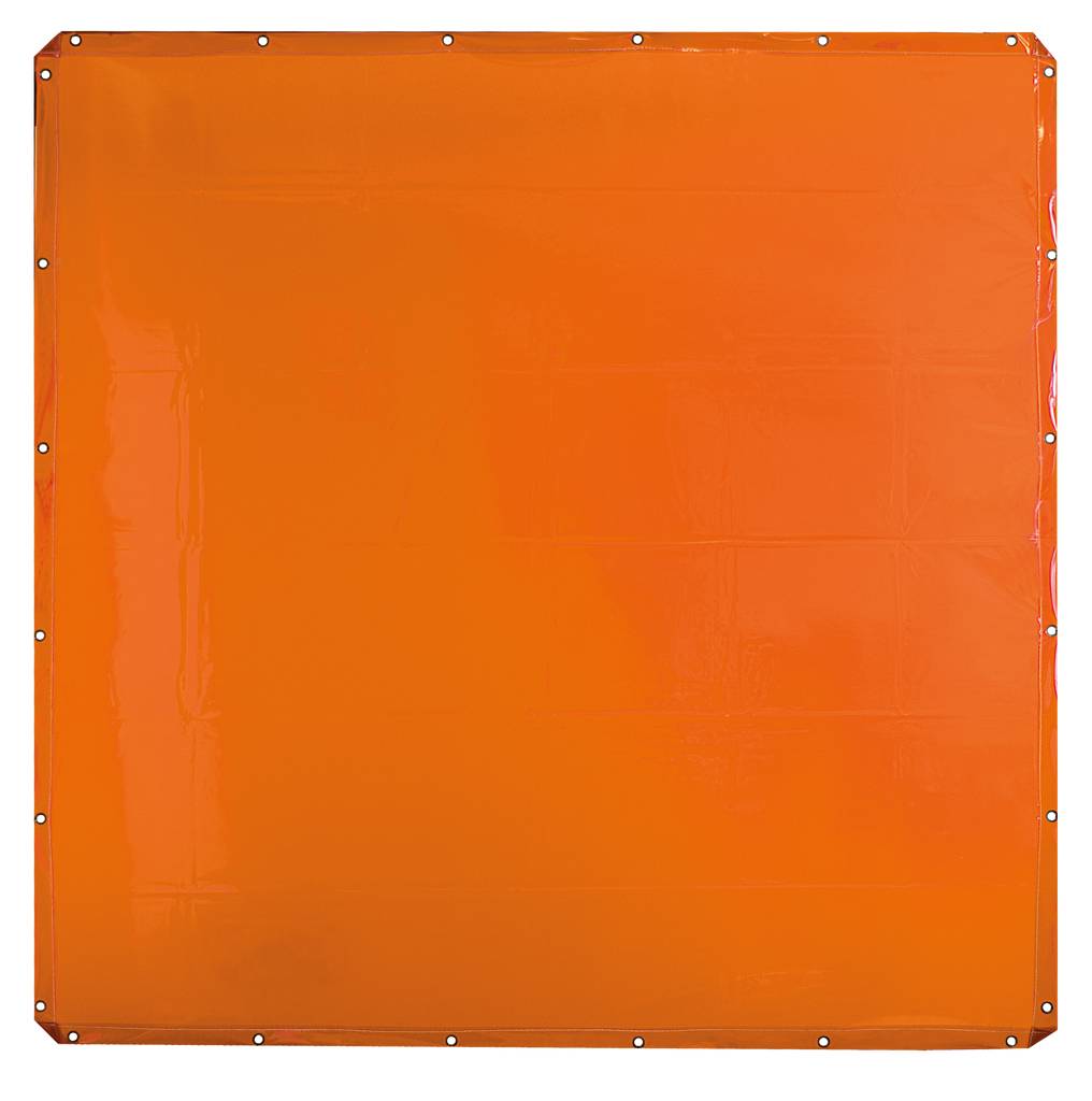 Een groot, feloranje kunststofpaneel met oogjes aan alle zijden, vaak gebruikt als afscheiding of beschermingsbarrière.