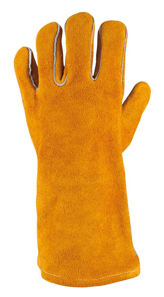Een enkele gele leren handschoen, lang en met versterkte naden, biedt bescherming voor hand en onderarm.