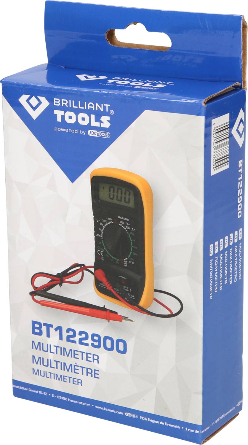 Een multimeter in een blauwe verpakking van 'Brilliant Tools'. Het productnummer is BT122900. Het apparaat beschikt over een digitaal display.