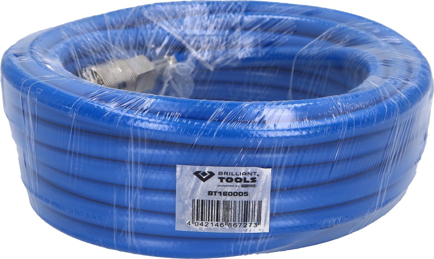 Blauwe persluchtslang, compact opgerold, met metalen aansluiting; verpakt in folie. Label van 'Brilliant Tools'.