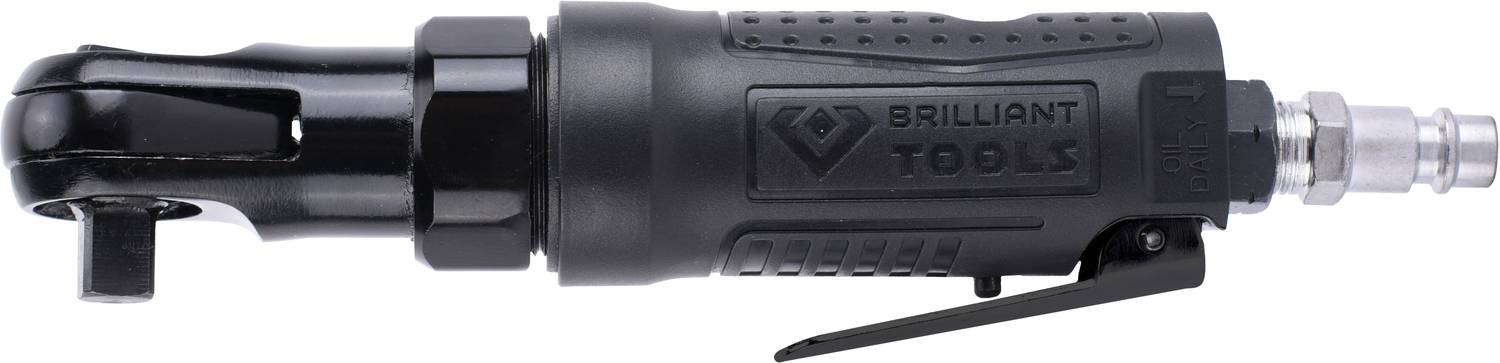 Pneumatische ratel met zwart behuizing en metalen koppeling aan de rechterkant, geschikt voor werkplaatswerkzaamheden.