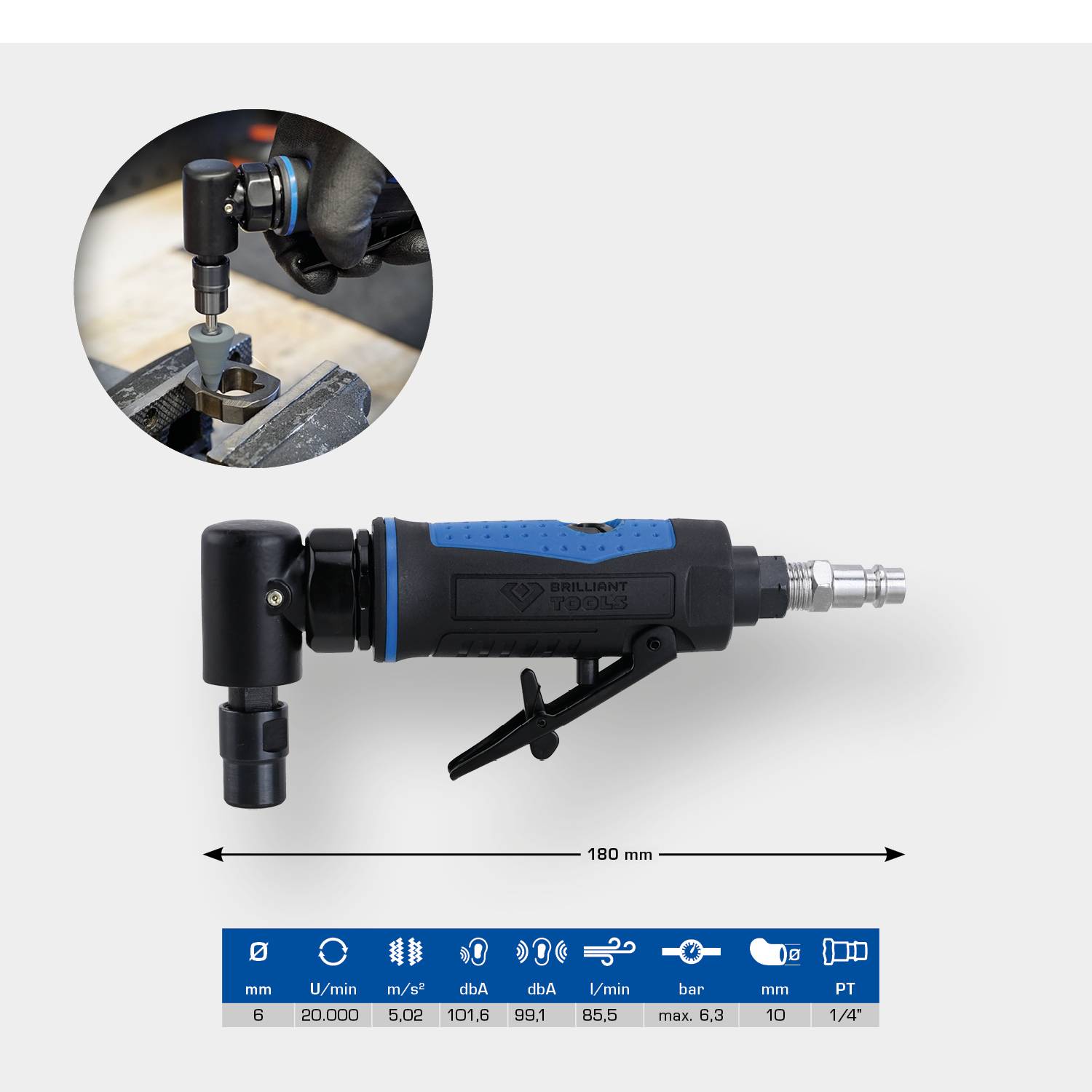 'Pneumatische haakse slijper met ergonomische greep en instelbare snelheid. Technische specificaties hieronder: 6 mm spanhouder, 20000 toeren/min.'