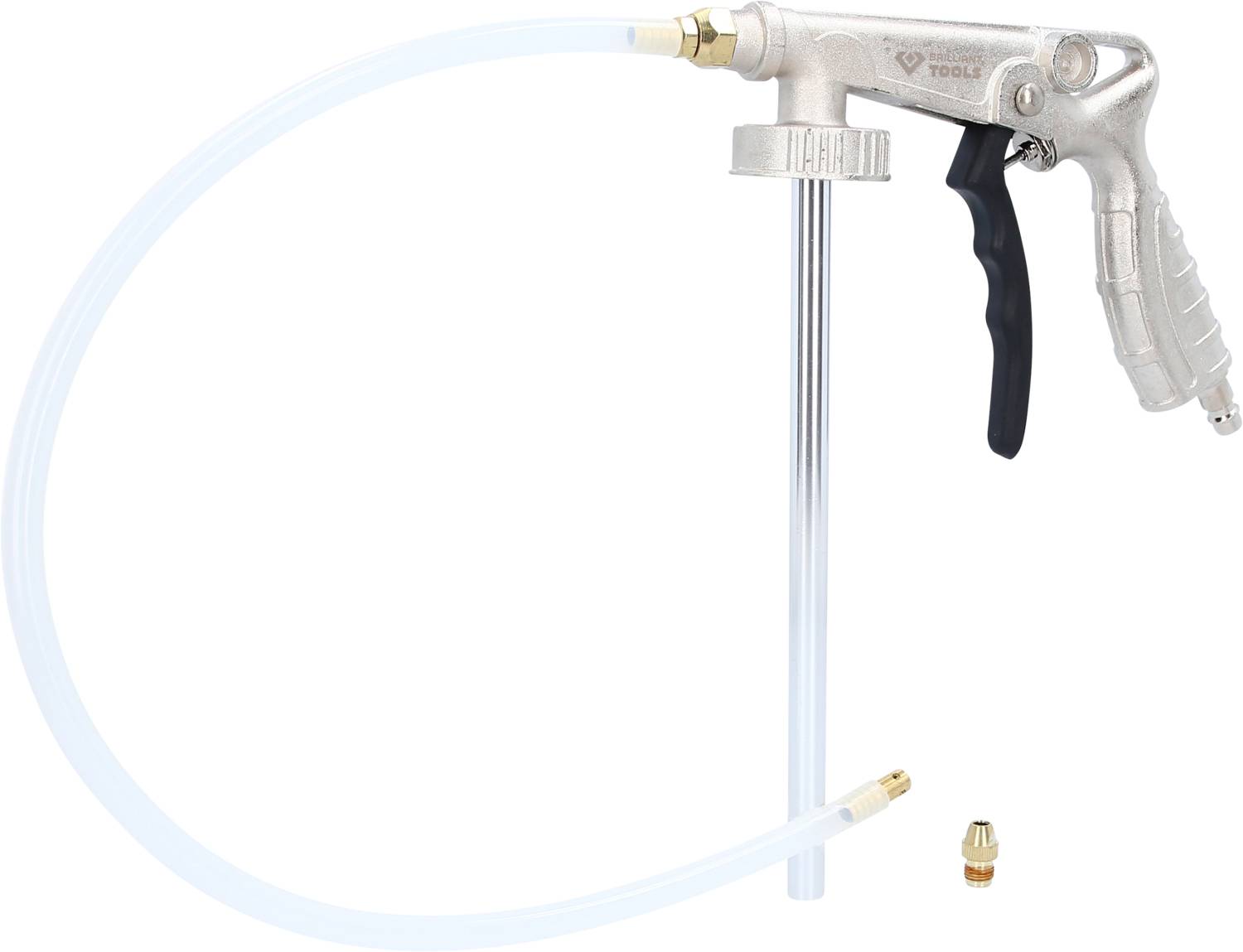Een perslucht-reinigingspistool met zwarte handgreep en een lange, flexibele slang. Geschikt voor reinigingswerkzaamheden in werkplaatsen.