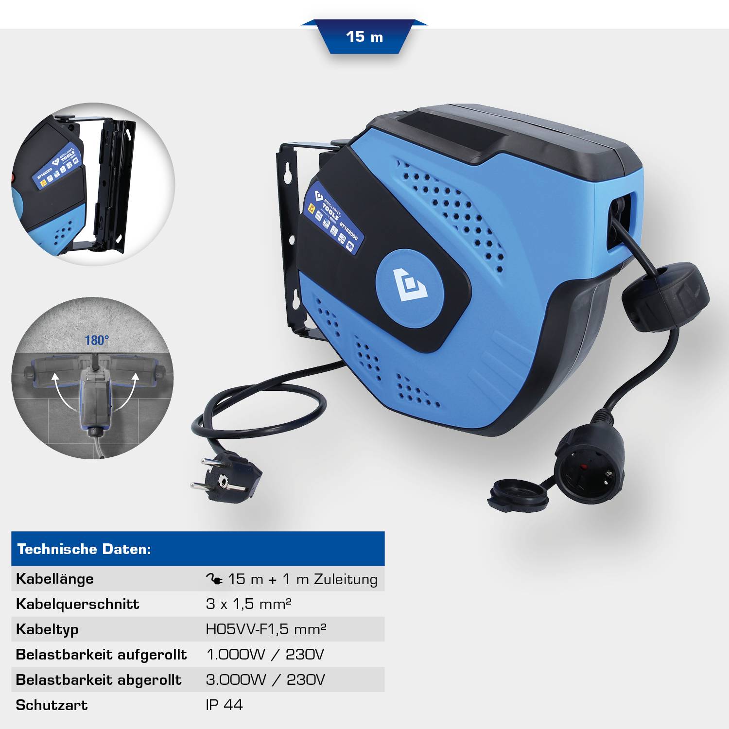 Brilliant Tools BT162000 Kabelhaspel voor aan de muur 15 m-7